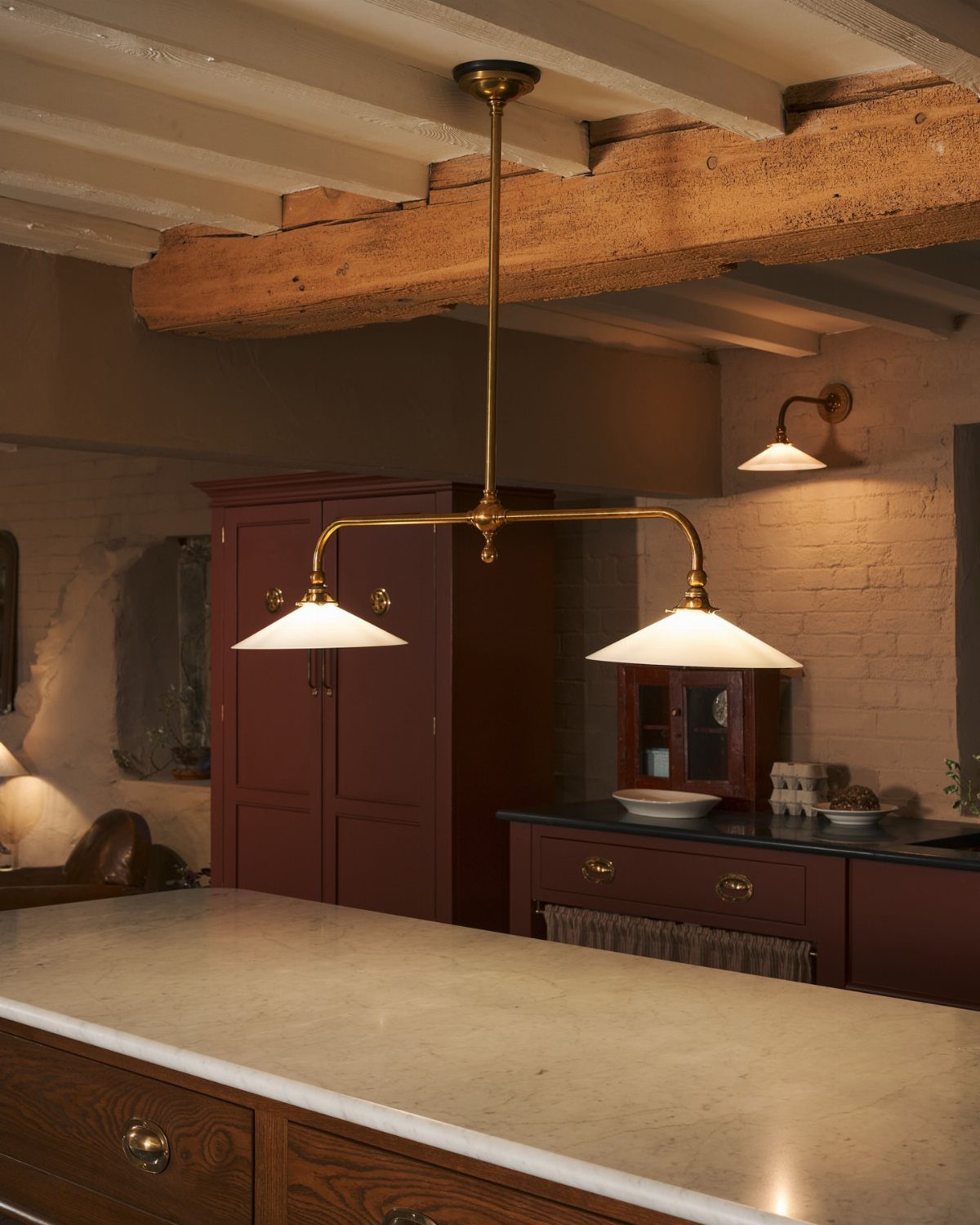 Vintage Kitchen Lighting Fixtures: 12 Pendant and Sconce Ideas 1 Brass double pendant light with white conical shades over a kitchen island