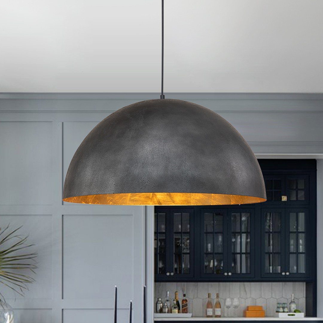Vintage Kitchen Lighting Fixtures: 12 Pendant and Sconce Ideas 2 Dark grey metal dome pendant light with gold interior hanging in a kitchen