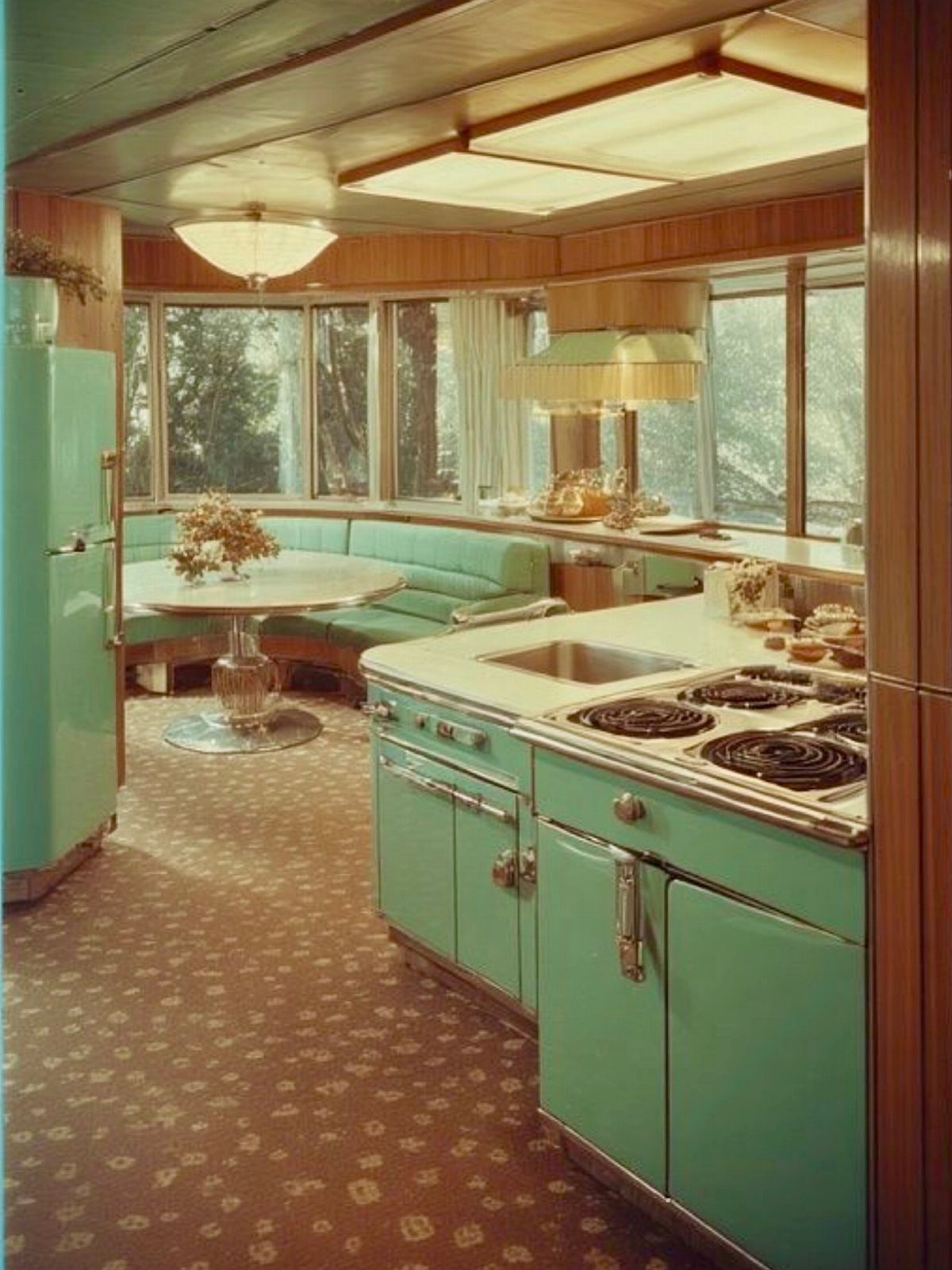 Vintage Kitchen Lighting Fixtures: 12 Pendant and Sconce Ideas 8 Mid-century modern kitchen with mint green cabinets and a large rectangular ceiling light.