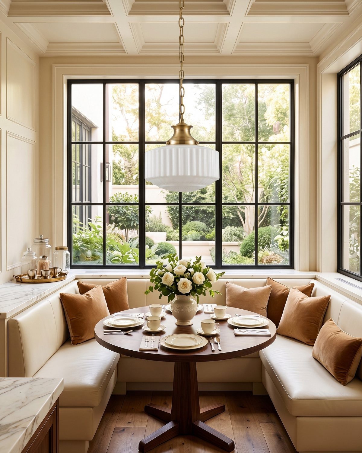 Vintage Kitchen Lighting Fixtures: 12 Pendant and Sconce Ideas 7 White ribbed glass pendant light hanging over a round wooden dining table and banquette.