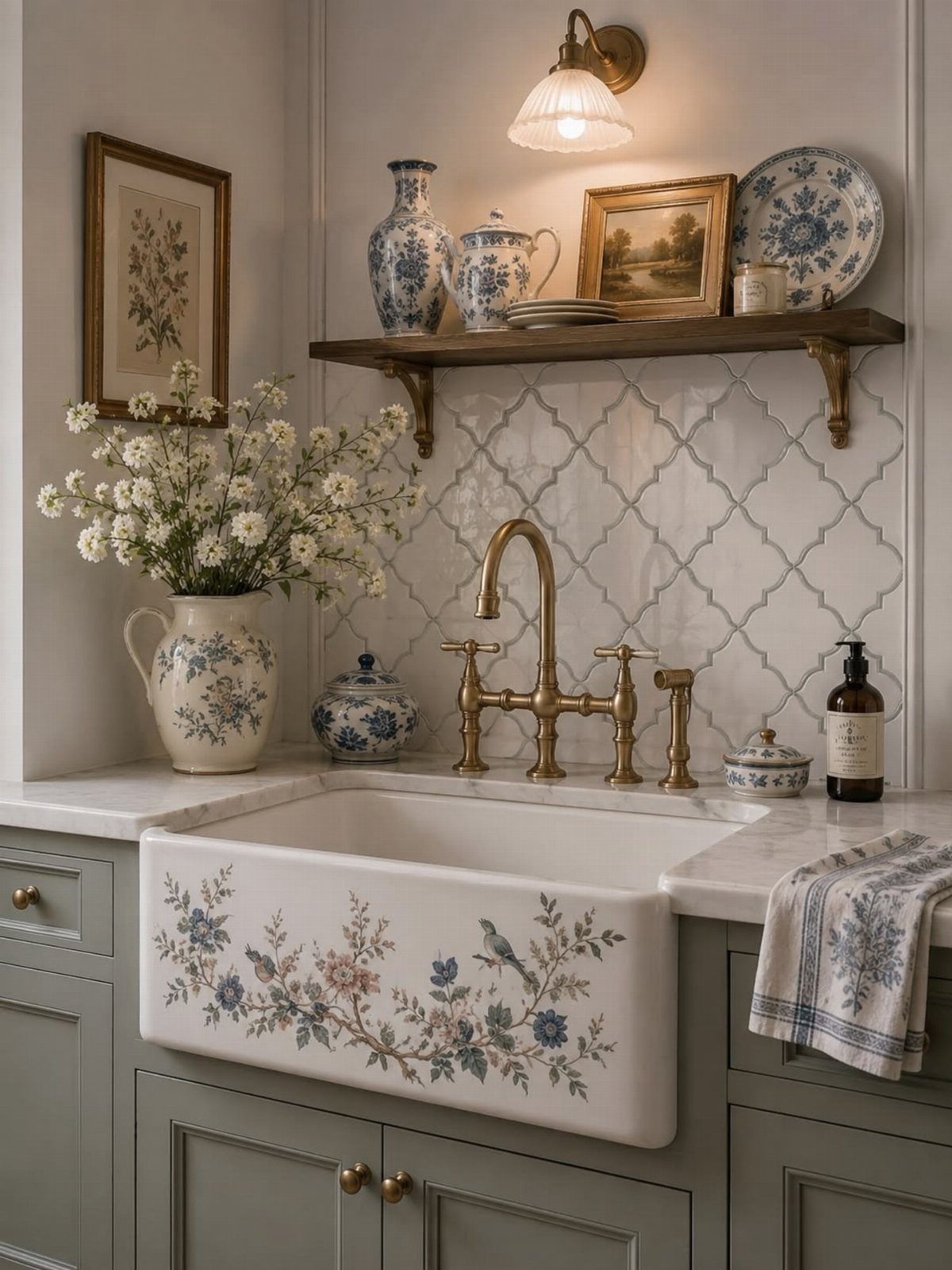 Vintage Kitchen Lighting Fixtures: 12 Pendant and Sconce Ideas 9 Vintage wall sconce lighting above a farmhouse sink with brass fixtures and ceramics.