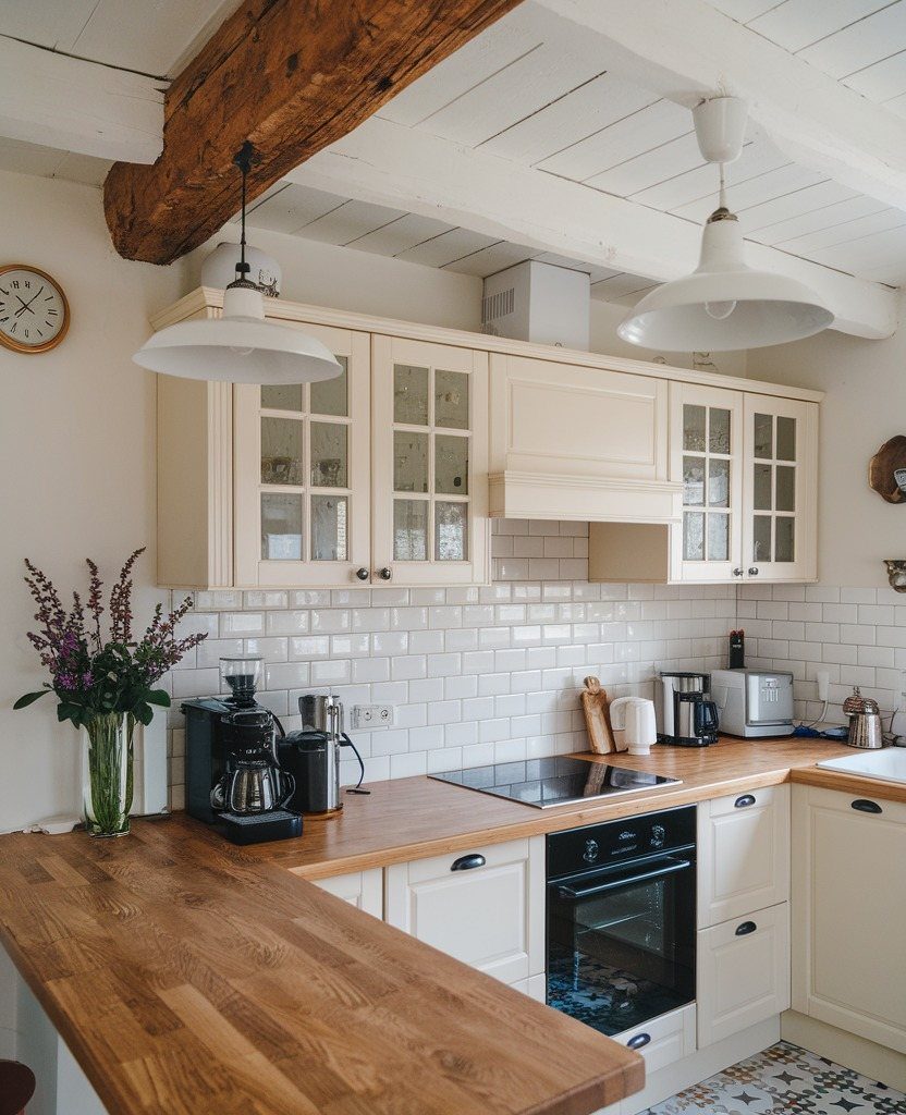 Cream kitchen cabinets with mixed glass and solid fronts and wooden countertops