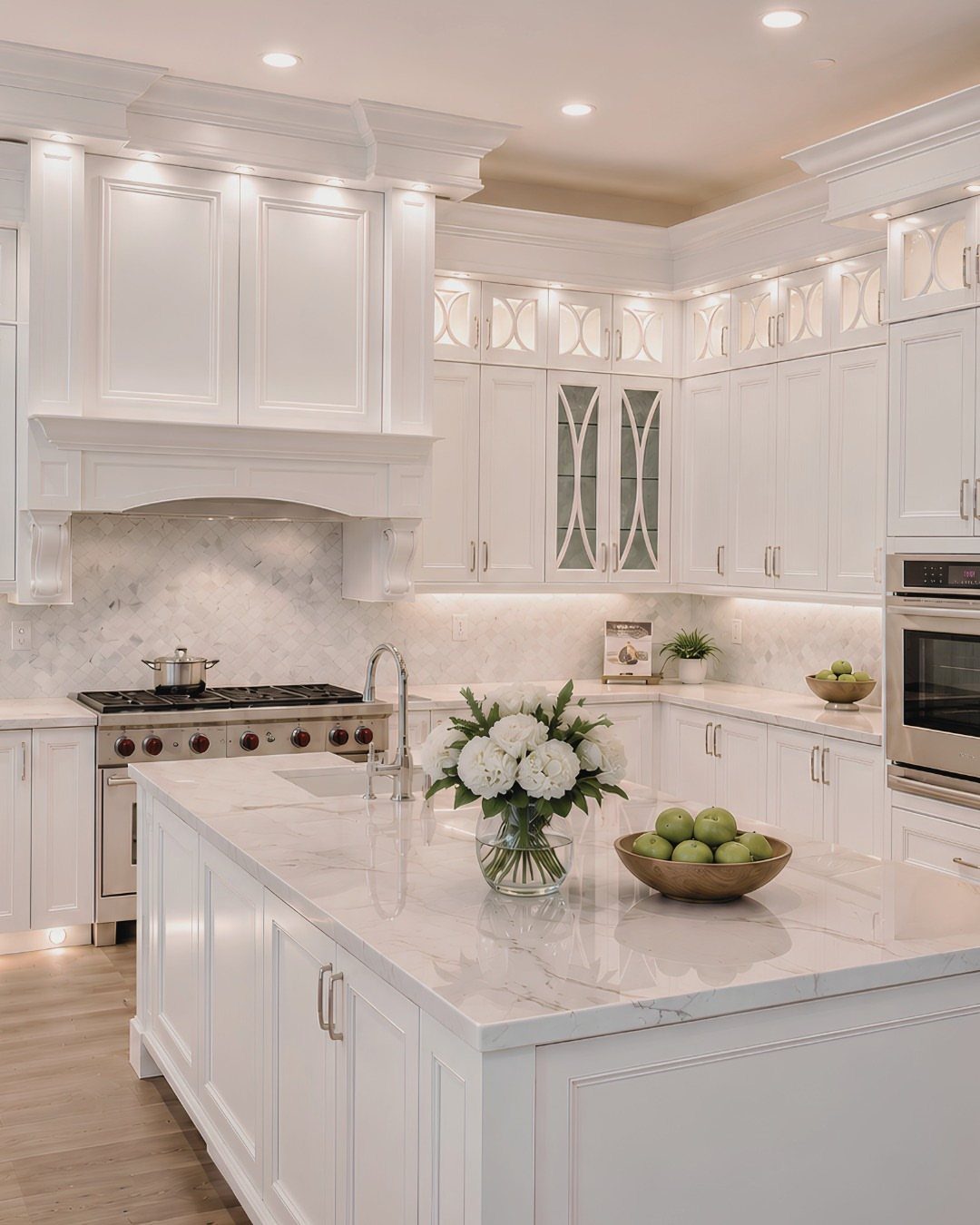 White cream kitchen with marble countertops and glass-front upper cabinets.